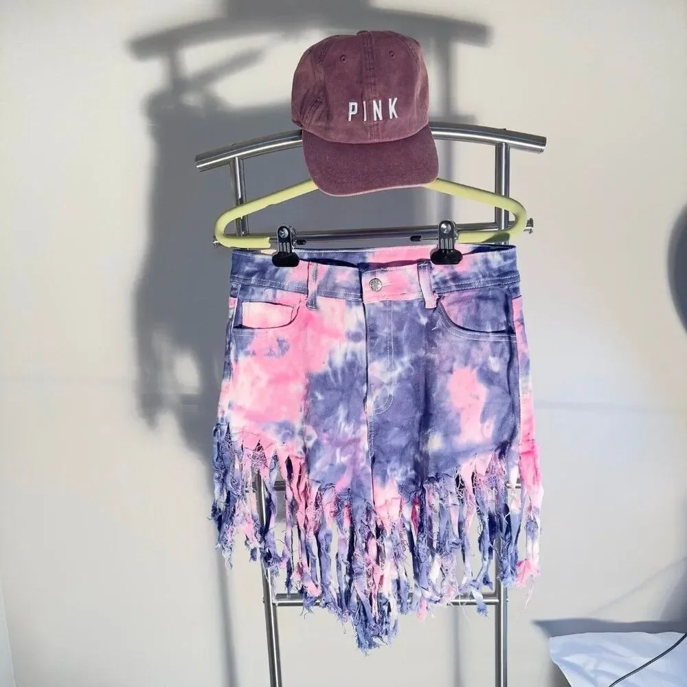 K I M Denim Fringe Shorts In Purple And Pink Tie Dye Print